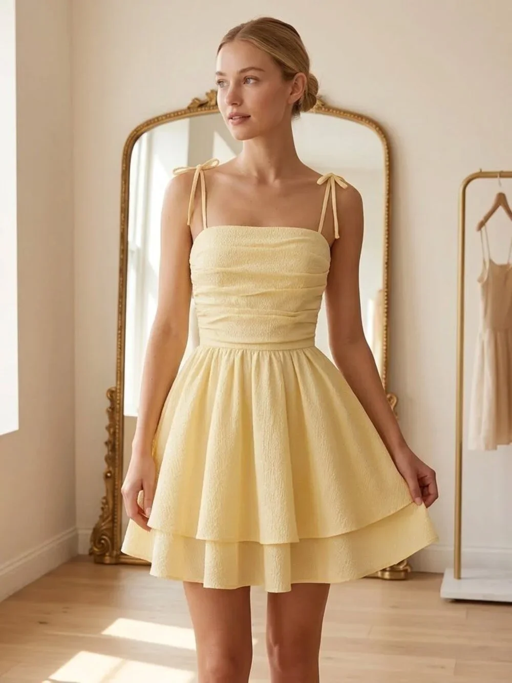 Shein Teen Crepe Ruched Smocked Back Short Layered Ruffled Short Easter Dress 15